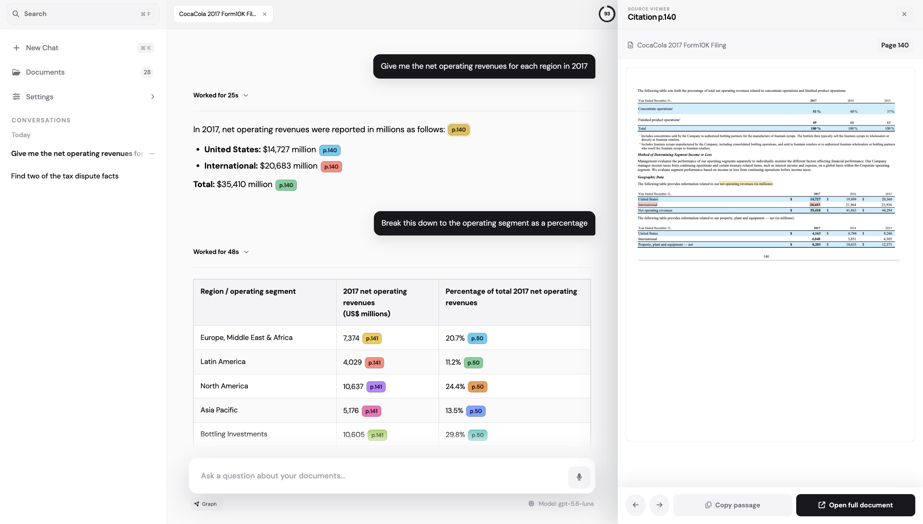 TextWranglers workspace showing a cited financial answer beside the exact source page