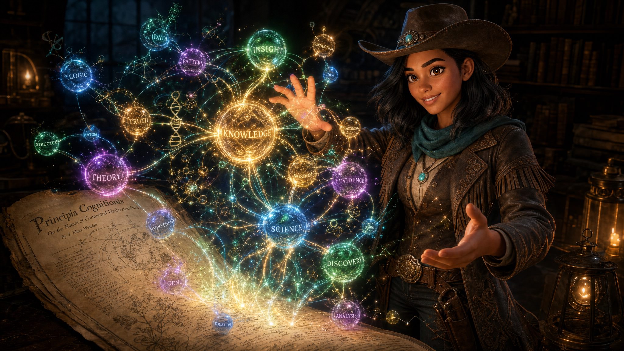 A TextWranglers guide presents a luminous network connecting knowledge, evidence, patterns, insight, and discovery