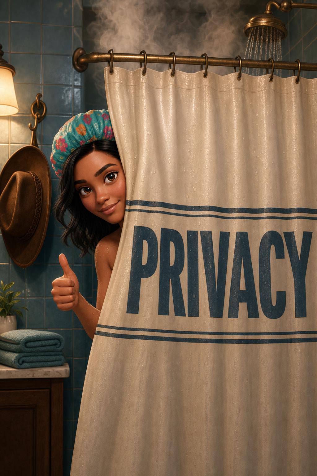 A person gives a reassuring thumbs-up from behind a shower curtain labeled Privacy